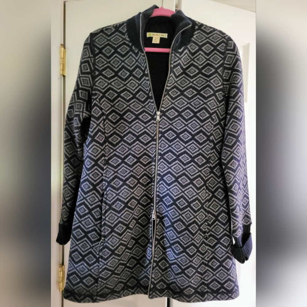 Womens navy Akini sweater coat, size large, wool, spandex